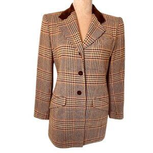 Pendleton Wool Vintage Plaid Equestrian Velvet Collar Blazer 8 Petite